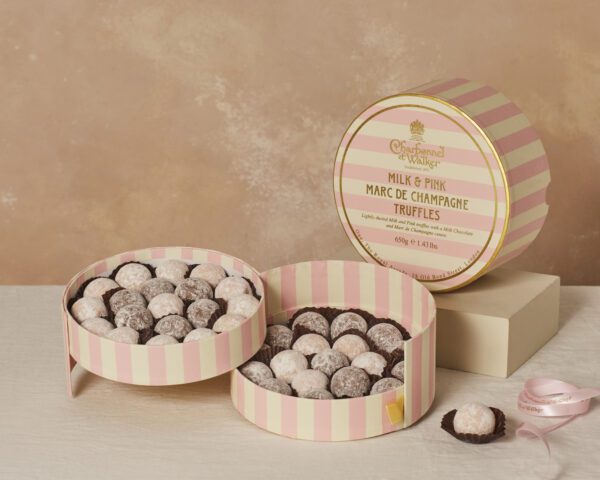 Pink and Milk Marc de Champagne Luxury Striped Truffle Gift Box - Image 2